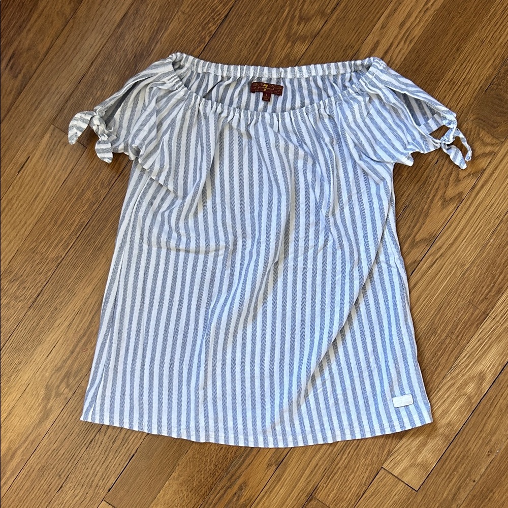 7 For All Mankind Blue and White Striped Off-Shoulder Tie-Sleeve Tunic